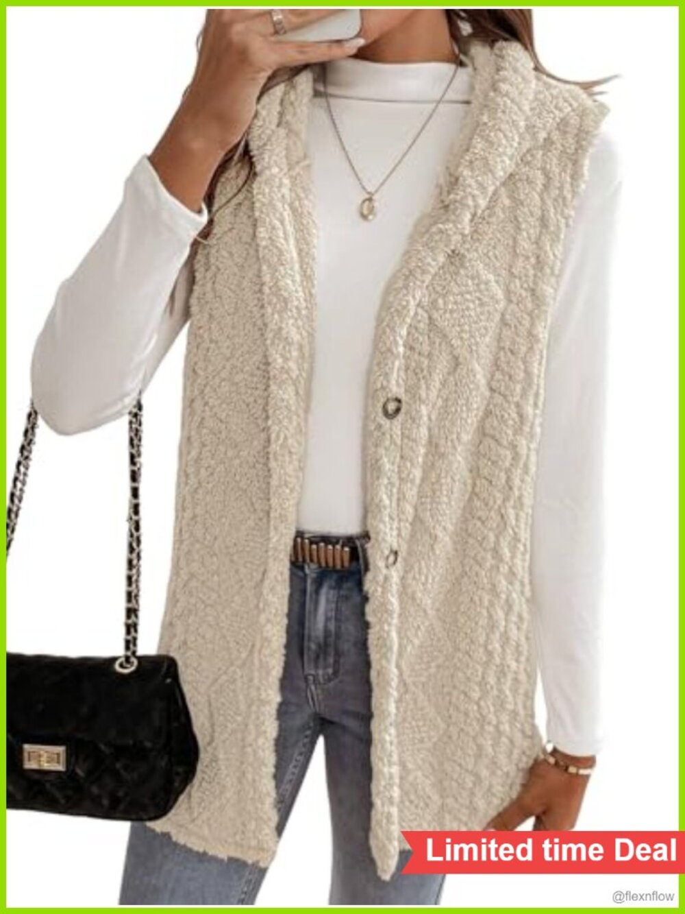 Women's Long Plush Hooded Sleeveless Vest Button Closure Outerwear Coat